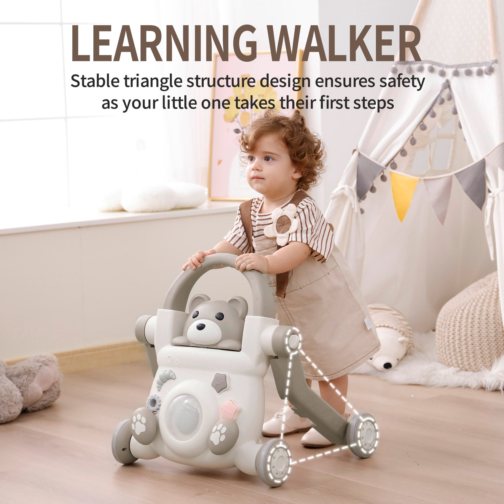 UNICOO® Beginner Steps Companion™ 3-in-1 Baby Sit to Stand Learning Walker, Early Learning Push Toys, Baby Push Walker, Sliding Bike & Push Car, Balance Scooter, Toddler 6-48 (Teddy Brown)