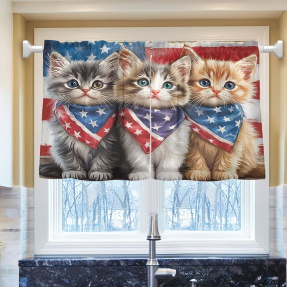 Ryvnso Cat American Flag Half Curtains Sets Tier 2 Panels Short Curtain Rod Pocket 27"W x 24"L