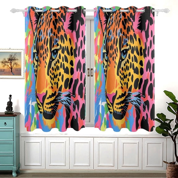 Colorful Leopard Painting Window Curtains Drapes with Grommets Light Filtering 2 Panels 54" x 55"
