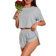 thumbnail image 4 of MVRLSH Womens Lounge Pajama Sets Striped Print Short Sleeve Tee Side Split Short Two Piece Summer Soft Comfortable Tank Tops Gray Size M, 4 of 7