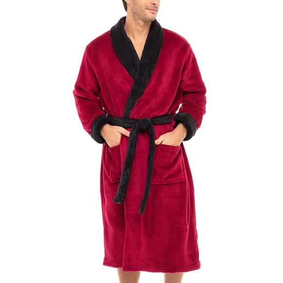 Alexander Del Rossa Men's Warm Fleece Robe, Plush Bathrobe, Large XL Burgundy with Black Contrast (A0114BRBXL)