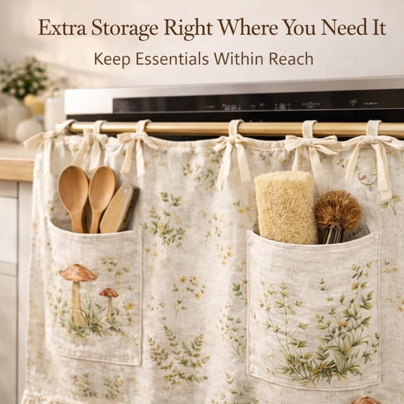 Tuscom Handmade Oven Skirt Curtain with Pockets, Tie Top Farmhouse Oven Door Skirt Cover for Kitchen Appliance, Cottage Kitchen Decor (Forest)