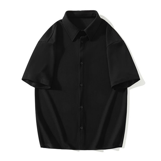 Playera Elvqul de Hombre sin Estampado Negro Manga Corta Mayor con Solapa Abotonada