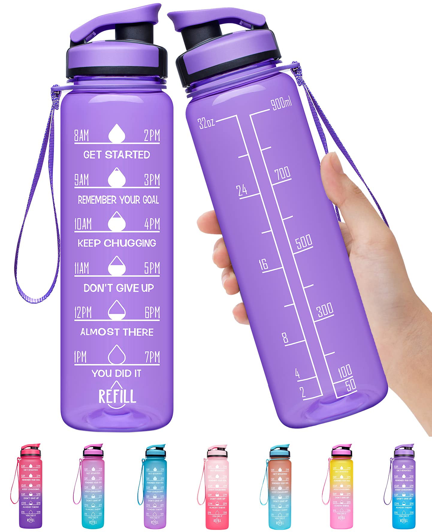 Motivational Water Bottle with Time Marker& Removable Straw 