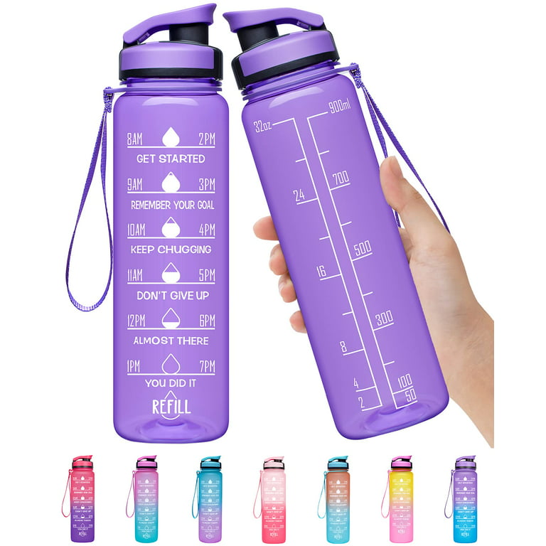 32oz Water Bottle with Time Marker & Straw lid for Gym,Motivational Fitness  Sports Water Jug with Removable Strainer,Dishwasher Safe,Leakproof,Safety  Lock,No BPA,Blue+purple 