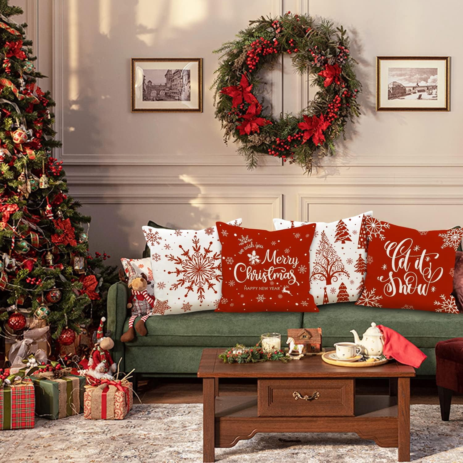 Christmas Throw Pillow Covers 20x20 Set of 4, Merry Christmas Winter Xmas Snowflake Decorative Holiday Cushion Pillow Cases 20 x 20 for Outdoor Indoor Farmhouse Home Room Couch Decor (Red)