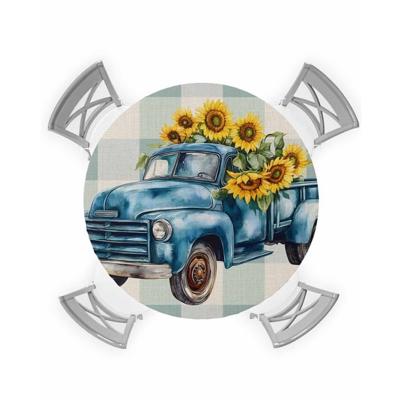 nqOlkjepod Blue Truck Yellow Sunflower Round Tablecloth, Fitted Table Cover with Elastic for 55"-60" Round Tables, Summer Teal Plaid Vintage Table Cloth Outdoor Dinning Party Waterproof Tablecloths