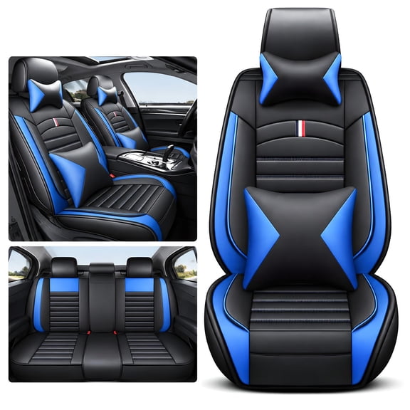 HuaGuan Full Set Fit for Honda CR-V 2015-2026 5 Seats Car Waterproof Pu Leather Front Rear Car Seat Cushion Cover with Headrest and Lumbar(Blue & Black)