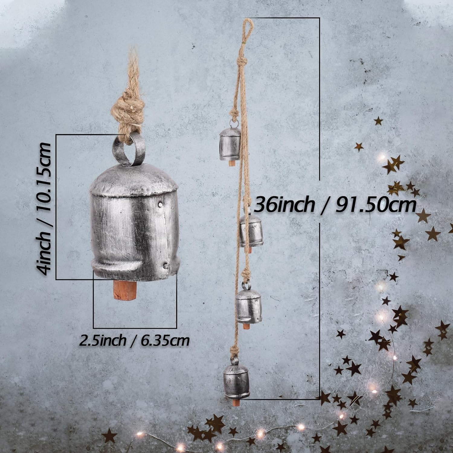 Rustic Hanging Jingle Bells for Crafts 36" – Vintage Metal Cow Bells for Crafting, Wreath, Garland, Farmhouse Christmas Decor – Iron Wind Chime for Outside Door, Wall, Tree, Holiday