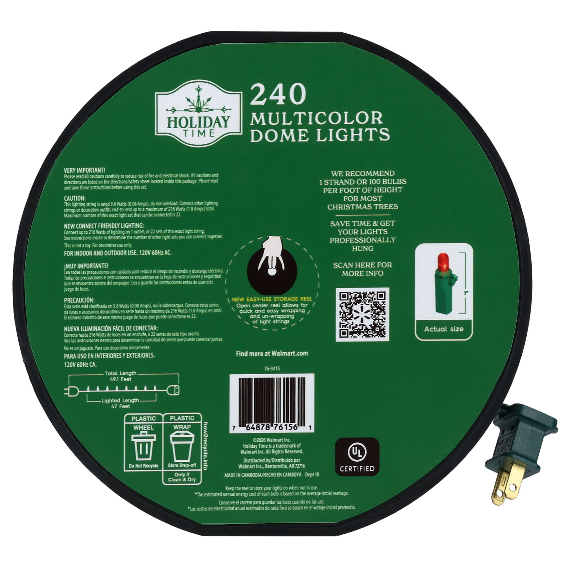 Indoor/Outdoor 240-Count LED Dome Christmas String Lights, Multicolor, Green Wire, 47', by Holiday Time