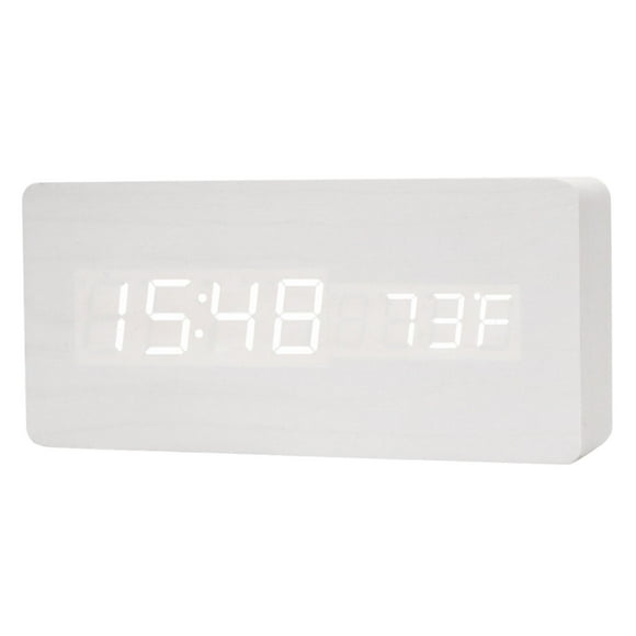 Reloj despertador digital con pantalla LED, ajuste USB/batería, termómetro de madera para escritorio blanco