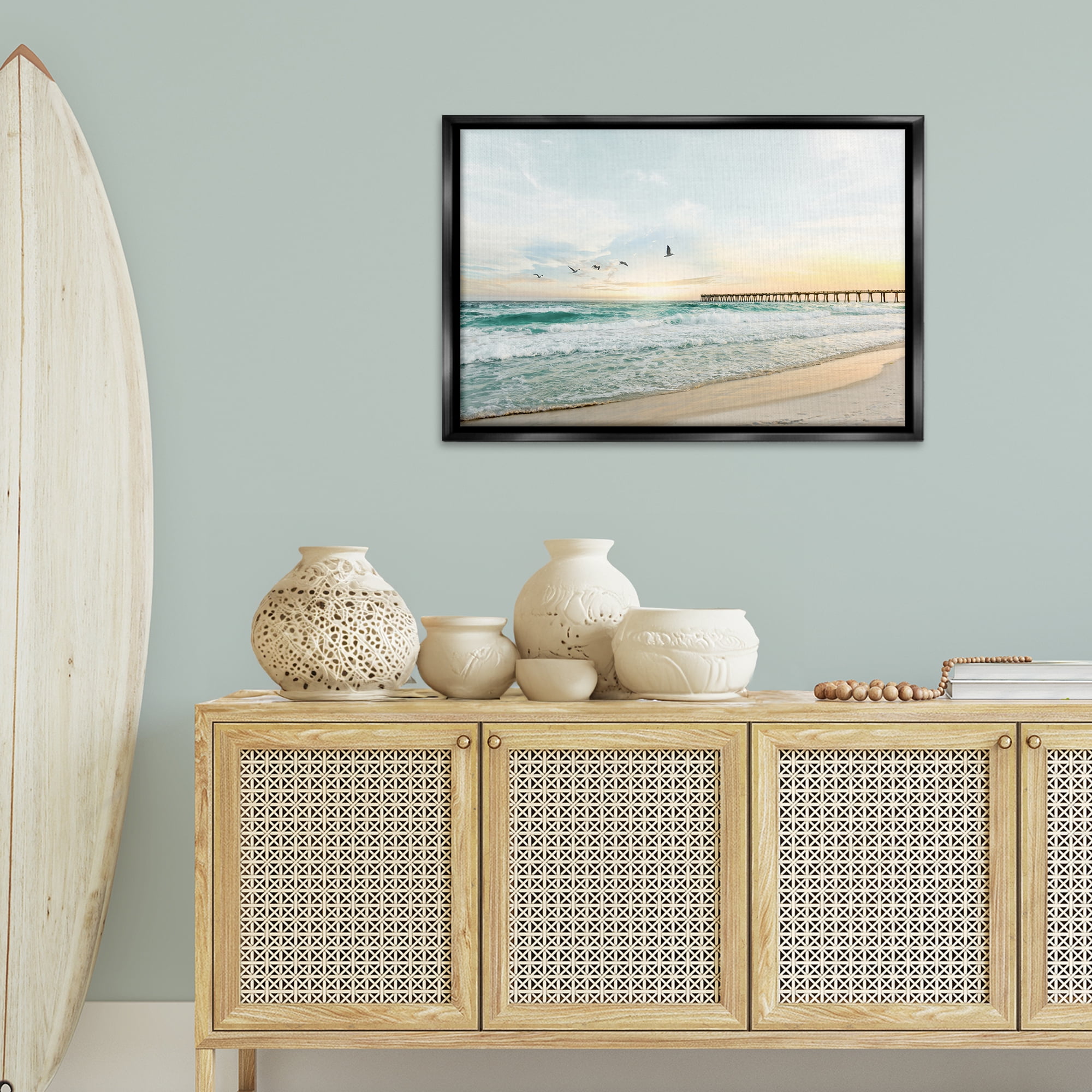 Stupell Industries Birds at Beach Pier Landscape & Nature Photography Black Floater Framed Canvas Art Print Wall Art, 31 x 21