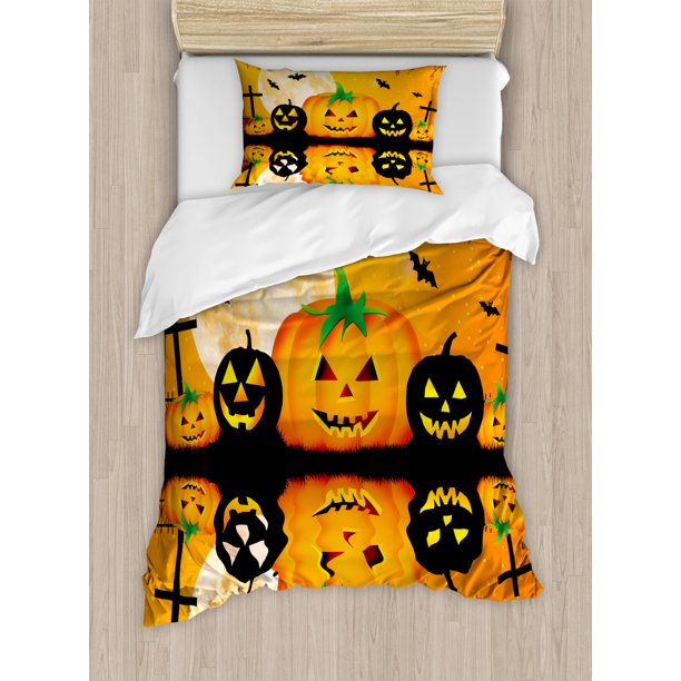 Halloween Twin Size Duvet Cover Set, Spooky Carved Halloween Jack o