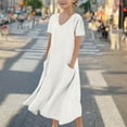 thumbnail image 2 of Kids Girl's Summer Dress V Neck Short Sleeve Dress Children's Casual Loose Long Dress with Pockets Size 5-16 Years, 2 of 6