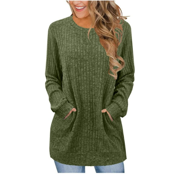VINUSLI Long Sleeve Warm Shirt Women Ribbed Knit Dressy Casual Solid Sweaters Crewneck Fall Pullover Oversize Tunic Tops with Pocket Gray,M