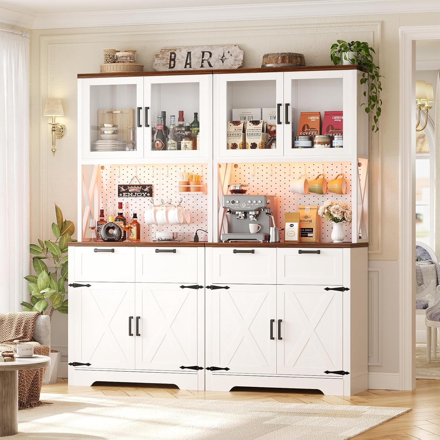 71" Tall Pantry Cabinet with Outlets and LED Light, Homieasy 5-Layer Storage Cabinet with 2 Drawers and DIY Pegboard for Kitchen, Dining, Living Room, Garage, White & Rustic