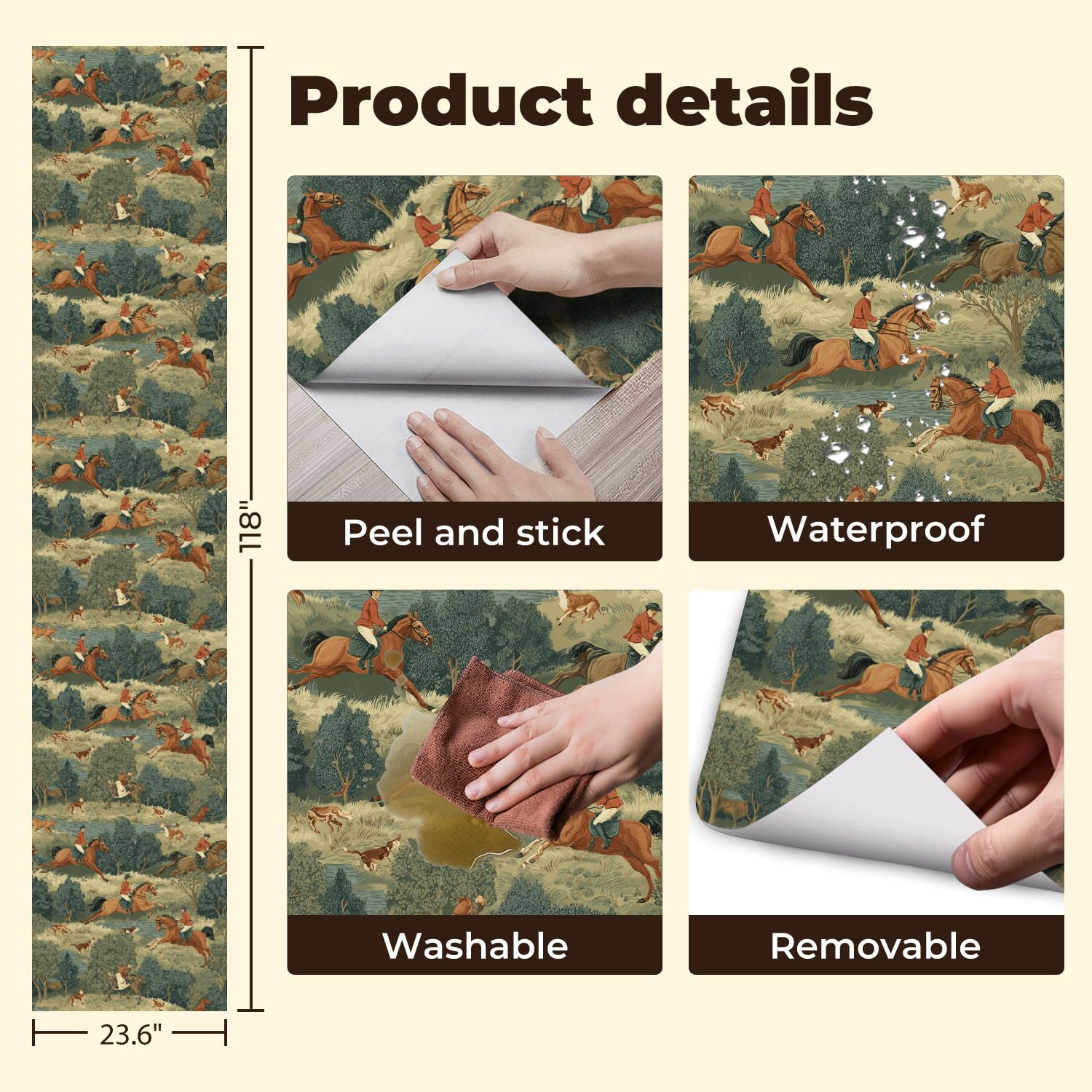 Hunt Peel and Stick Wallpaper 23.6in x 9.8ft Equestrian Chase Horses Riders Dogs Natural Landscape Contact Paper Vinyl Waterproof Self Adhesive Wall Paper for Bedroom Shelf Cabinet Renter Friendly