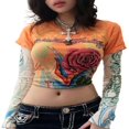 thumbnail image 4 of Women Patchwork T-shirt Long Sleeve  Neck Crop Tops, 4 of 4