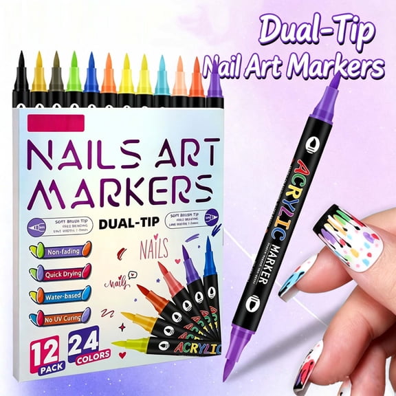 Dual-Head Nail Art Pen 12ml with Two-Color Design, Quick-Dry Waterproof Acrylic Nail Paint Marker for DIY Graffiti, Fine Line & Wide Brush for Home Salon Carving Detail