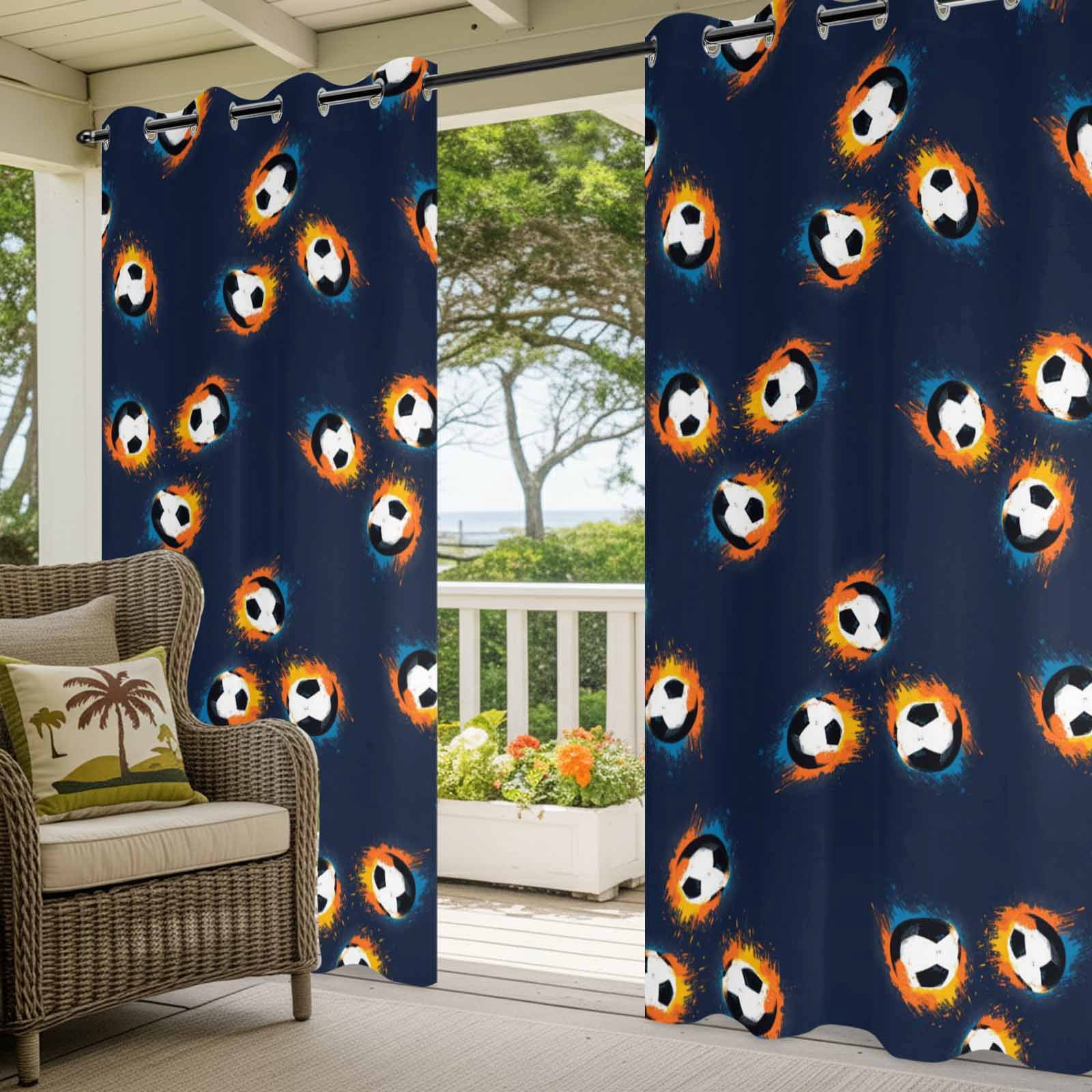 Soccer Ball Outdoor Curtains for Patio, Sports Athletic Black White Soccer Navy Blue Background Sunshade Privacy Drapes Grommet Waterproof Outside Curtains for Porch/Cabana/Balcony 54"x 108", 1 Panel