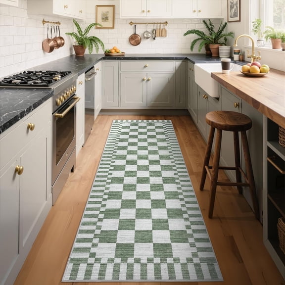 2x6 Kitchen Runner Rug Non Slip,Sage Green Checkered Rug, Washable Runner Rug for Hallway Soft Low-Pile Geometric Modern Rugs for Entryway