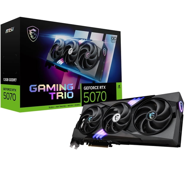 msi rtx 5070 12g gaming trio oc tarjeta gráfica GPU, vista frontal con caja; triple ventilador TRI FROZR 4 con aspas curvadas, cubierta esmerilada con iluminación LED y tótem de dragón visible, conector PCIe en la base, diseñada para ray tracing y creación de contenido.