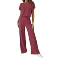 thumbnail image 2 of Women'S Casual Summer Travel Vacation Wear Two-Piece Suit Short Sleeve Wide Leg Pants Casual Suit Brick Red L, 2 of 7
