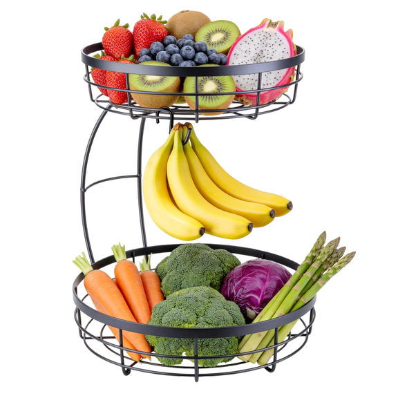 2 Tier Large Fruit Basket for Kitchen Counter, Metal Fruit Bowl with Banana Hangers, Detachable Fruit Holder for Vegetables, Bread, Toiletry, Black
