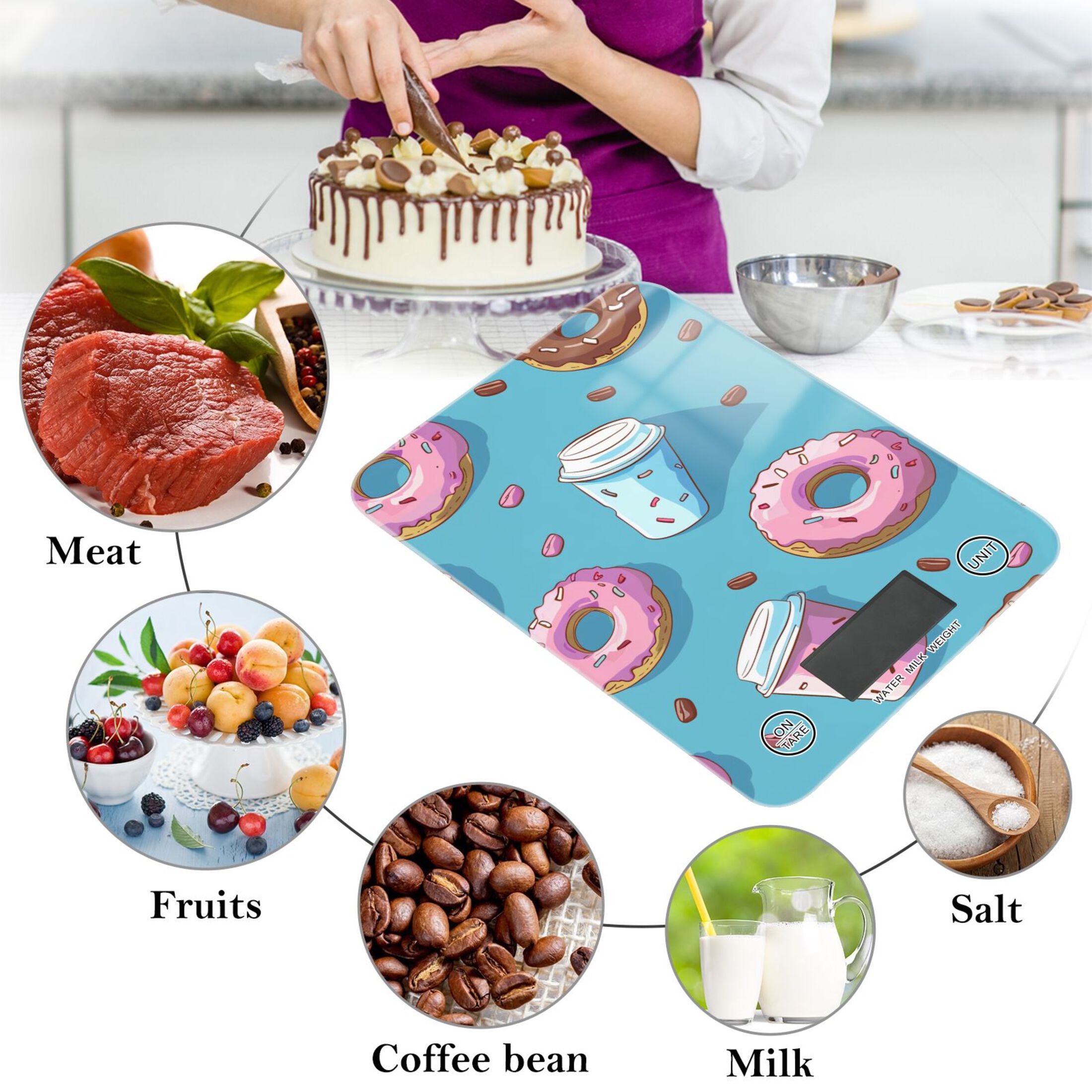 Coffee Cups Donuts Food Scale Digital Kitchen Scale Waterproof Tempered Glass Tare Function 11 lb for Baking Cooking Meal Prep