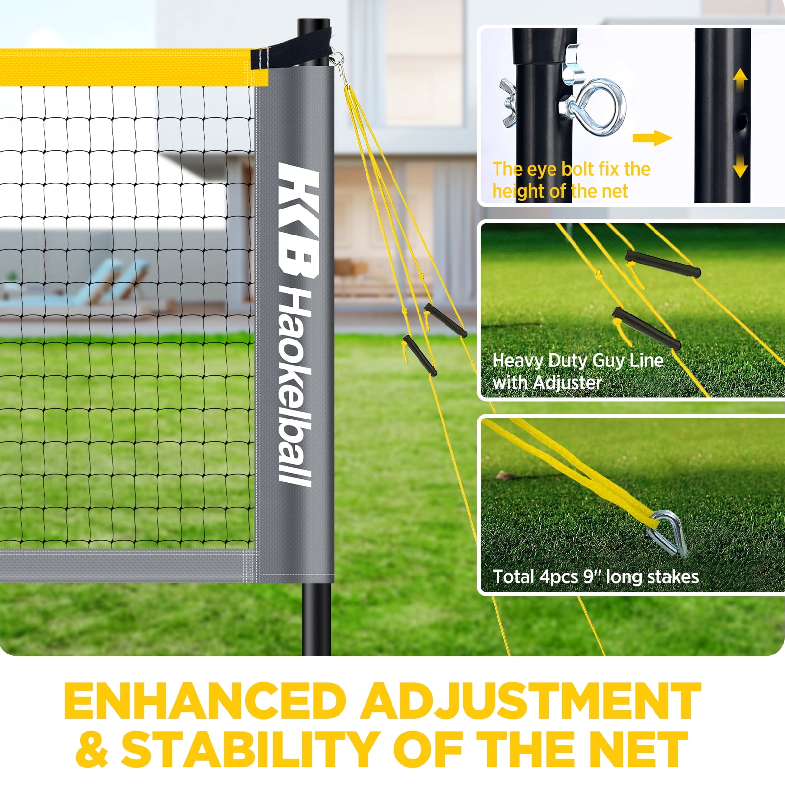 Haokelball Outdoor Volleyball and Badminton Combo Set with Net Width and Height Adjustable Volleyball Badminton Net for Backyard, 4 Rackets, 4 Shuttlecocks, Boundary, Volleyball, Pump and Carry Bag