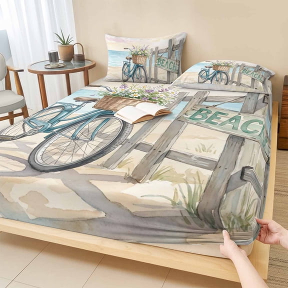 Twin Sze Fitted Sheet Set - Beach Bicycle 2 Piece Bedding Sets 16" Deep Pocket Fitted Sheet with 1 Pillowcase, Summer Coastal Floral Basket Vingage Brushed Microfiber Hotel Luxury Bed Sheets