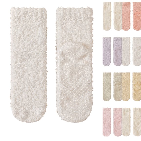 Women Fuzzy Slipper Socks, Winter Warm Cozy Non‑Slip Fuzzy Socks | Soft Plush Lining, Anti‑Slip Bottom Grip, Breathable Fabric, Stretchy Fit, Great for Lounging & Sleep (White)