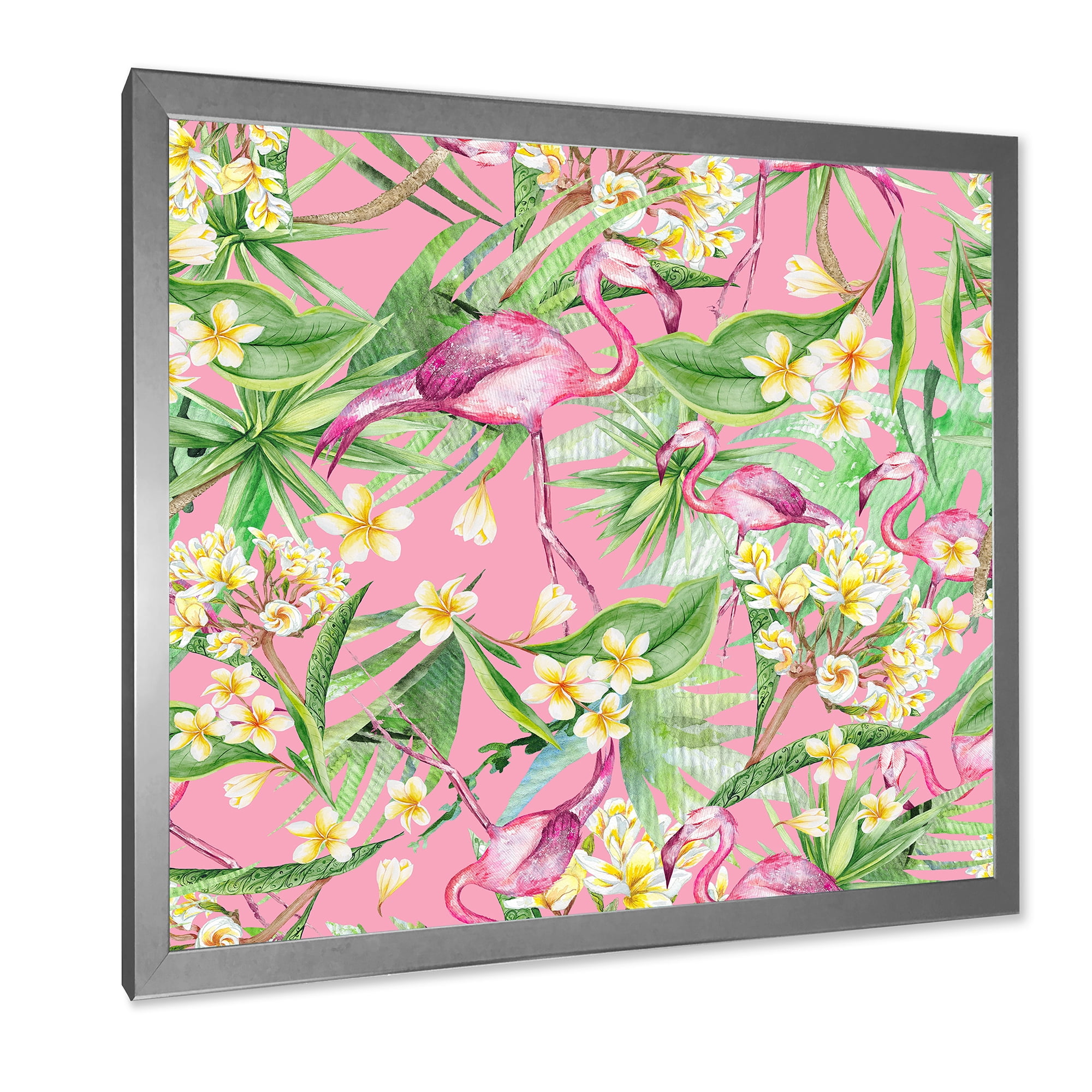 Designart 'Yellow Flowers, Tropical Foliage With Flamingo III' Modern Framed Art Print