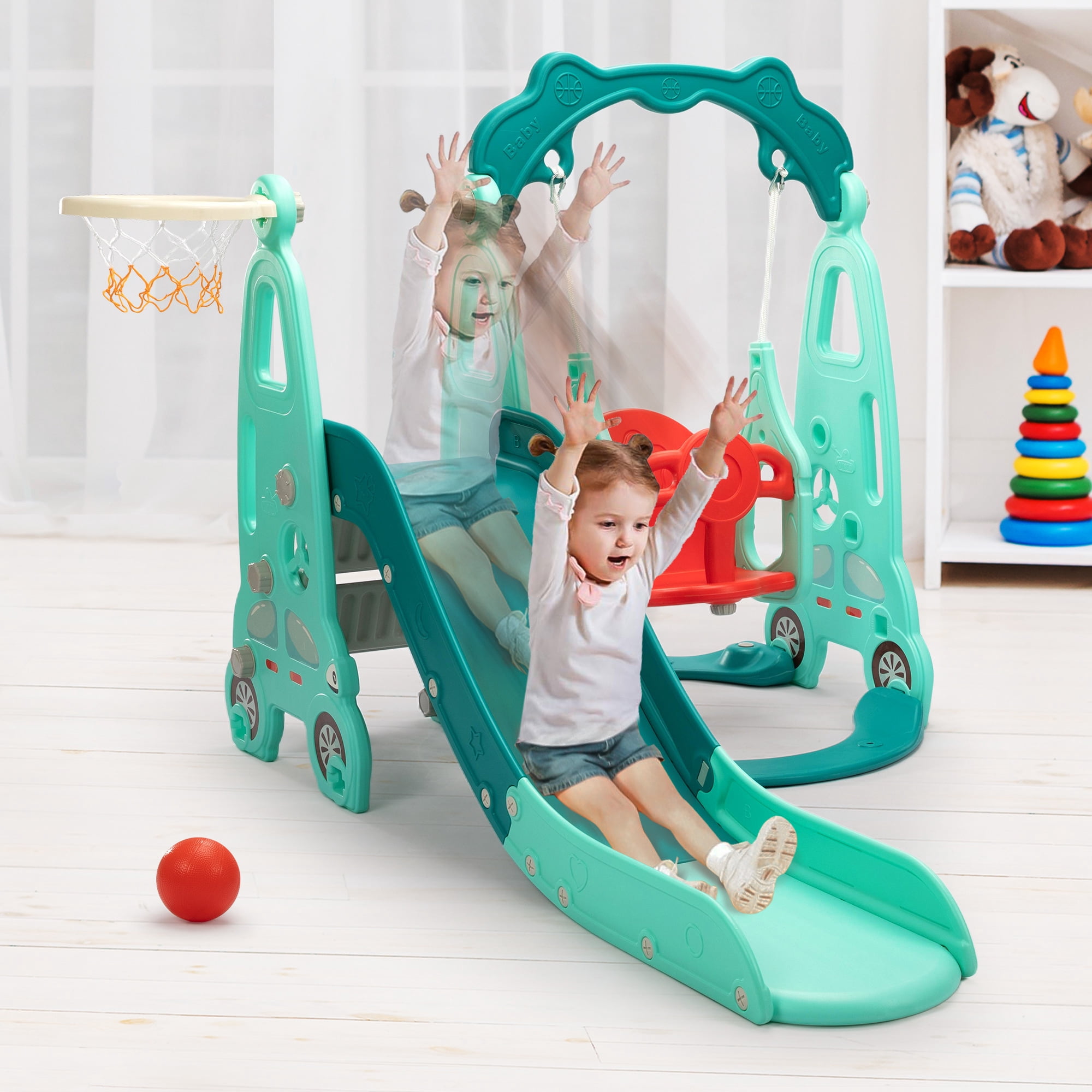 4 in 1 Slide Climber Swing Set, Freestanding Toddler Slide Climber Playset with Basketball Hoop, Toddler Playground Indoor Outdoor, Easy Setup