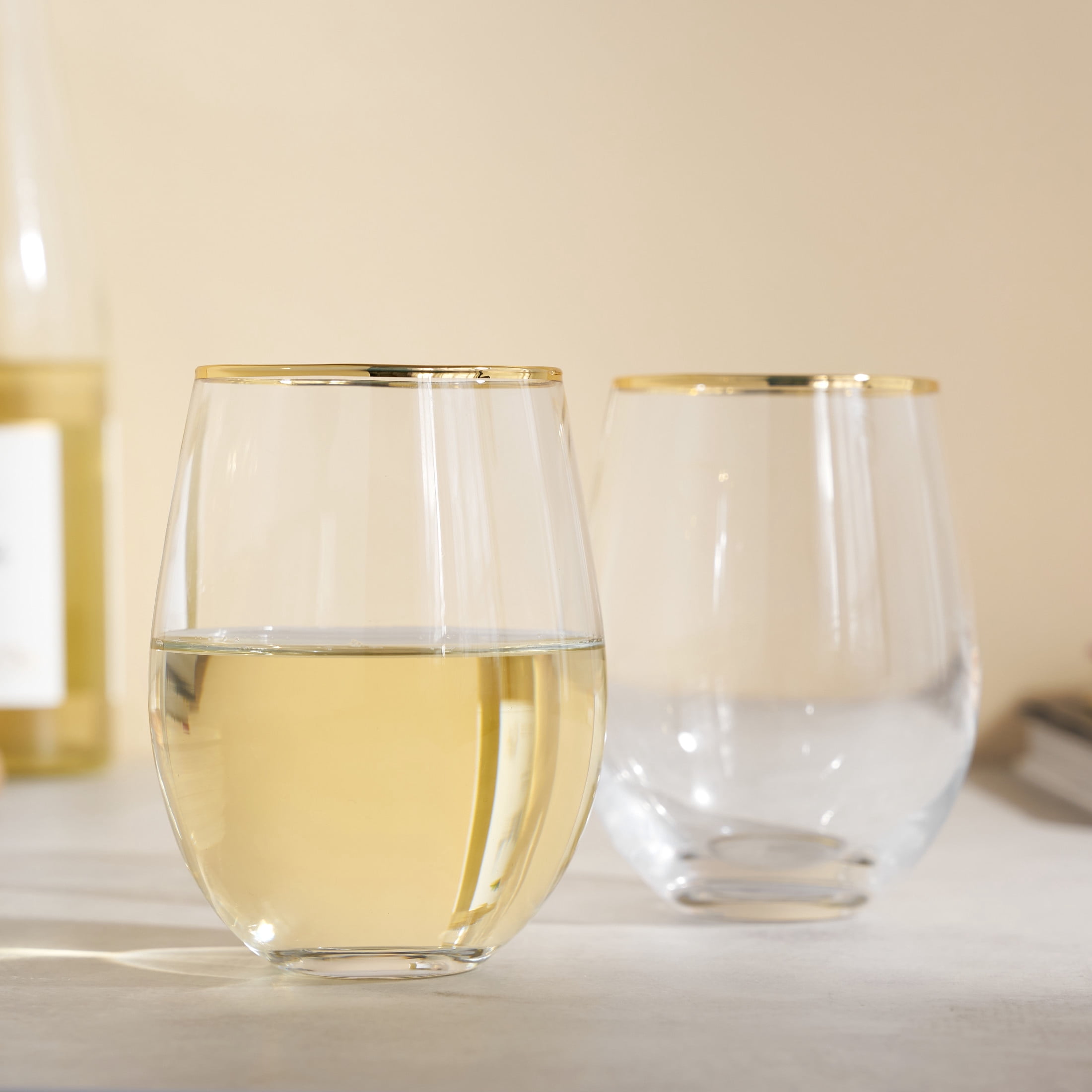 Twine Gilded Gold Rimmed Stemless Wine Glasses, Party Barware 18oz Set of 2