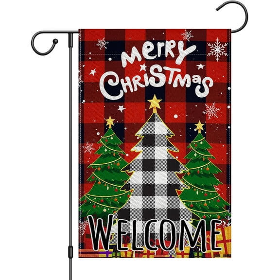 Winter Christmas Tree Garden Flag Double Sided 12x18 Inch Merry Christmas Tree Snowflake Sign Welcome Yard Flag Farmhouse Outdoor Decor Burlap Red