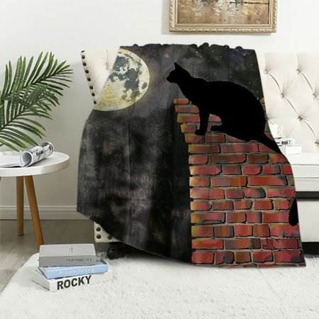 Patifu Moon Soft Flannel Fleece Throw Blanket, Cat Silhouette Resting on a Brick Wall in a Starry Night Full Moon Imagery, Cozy Plush for Indoor and Outdoor Use, 50" x 70", Vermilion Black White