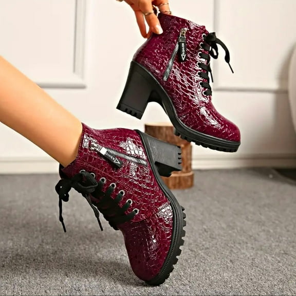 PiGOGI Women's Pointed Toe Lace Up Thick Sole Short Boots for Fall Winter Comfortable Height Enhancing Booties Red 43