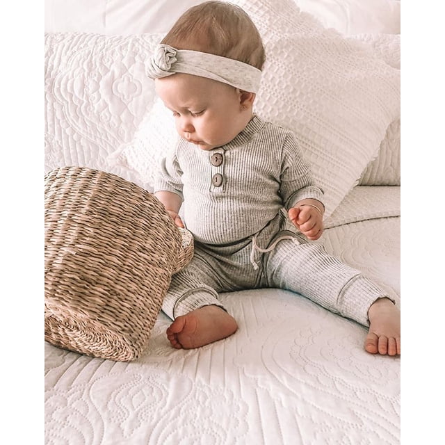 Infant Baby Knit Outfits Suits, Buttons Round Neck Long Sleeve Romper Top + Elastic Long Pant