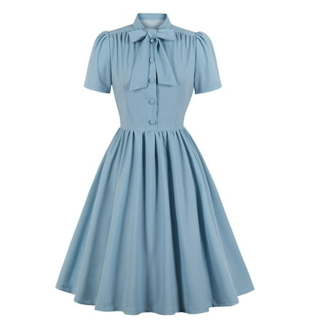 SWSMCLT Women s Midi Dress Short Sleeve Sundress Vintage Stretch Casual Cocktail Mock Neck A Line Dress Fall A Line Summer Light Blue XX-Large