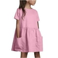 thumbnail image 2 of MKOSPLRT Cotton Linen Dresses for Girl Short Sleeve Crew Neck Tshirt Dress Solid Loose Fit Mini Dress Casual Summer Beach Dress with Pocket, 2 of 9