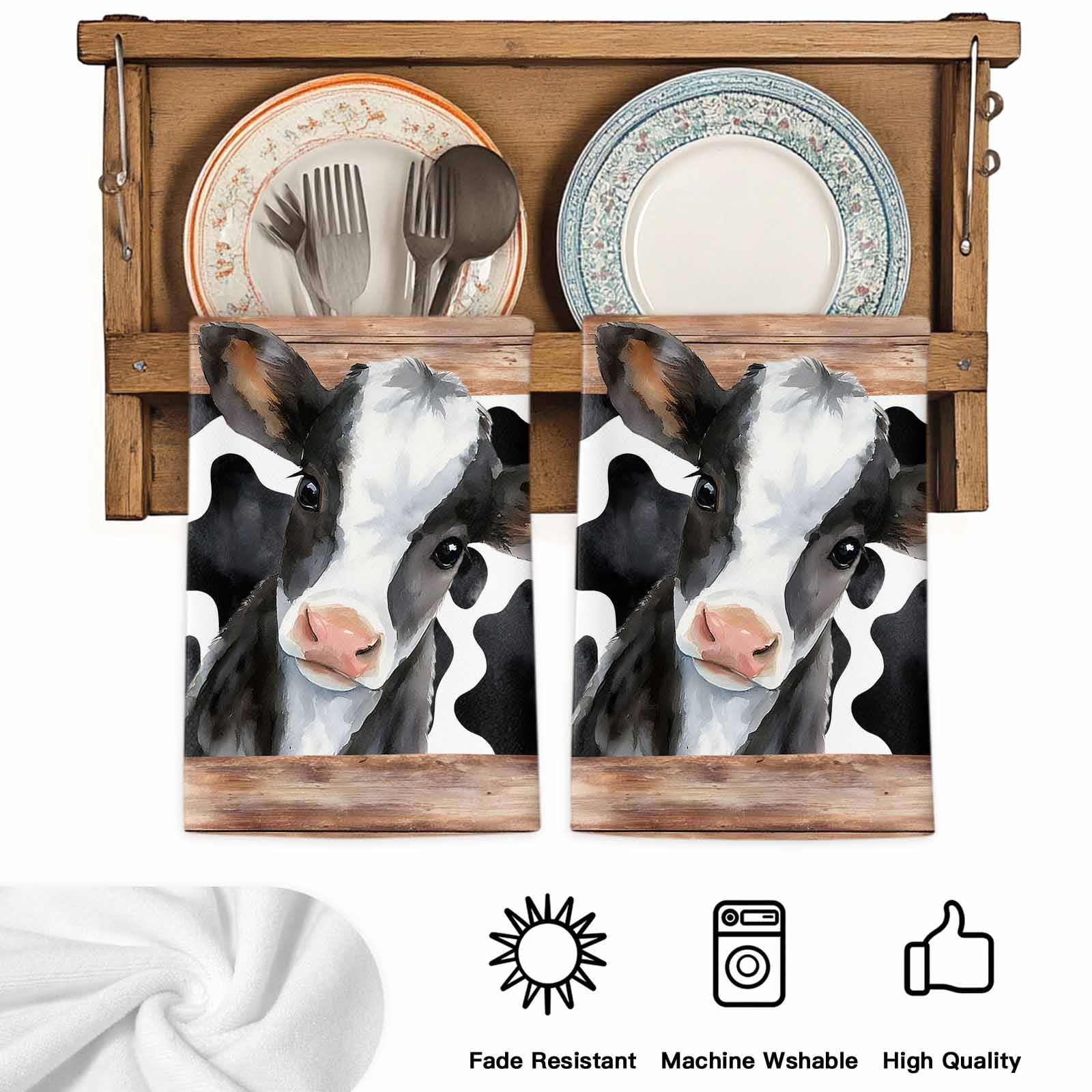 Cow Printed Kitchen Towels Set of 2, Farmhouse Watercolor Country Wooden Grain Absorbent Dish Towels for Kitchen, Microfiber Hand Towel, Quick Drying Tea Towel for Cleaning Decorative Dishcloths
