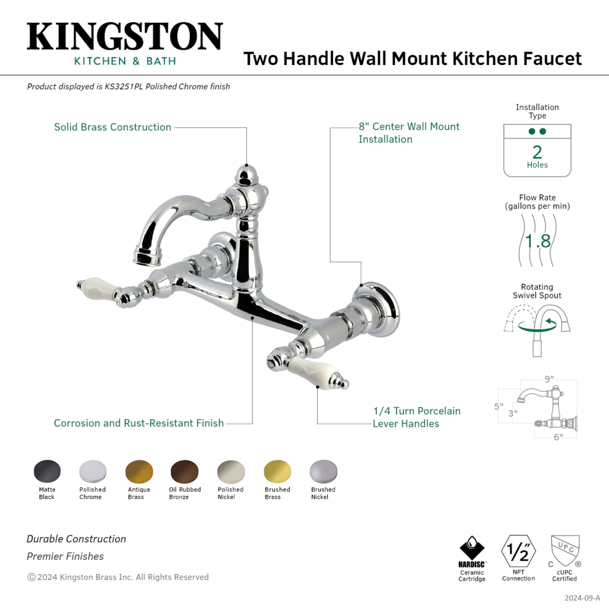 Kingston Brass KS3250PL Vintage Double-Handle Wall-Mount Bridge Kitchen Faucet, Matte Black