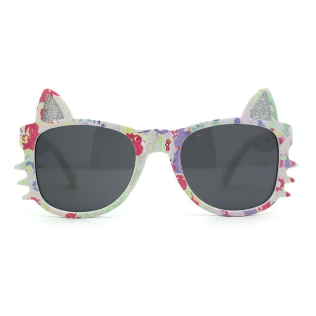 Kids Child Size Cat Eye Glitter Horn Rim Whiskers Plastic Sunglasses Light Flower Pattern