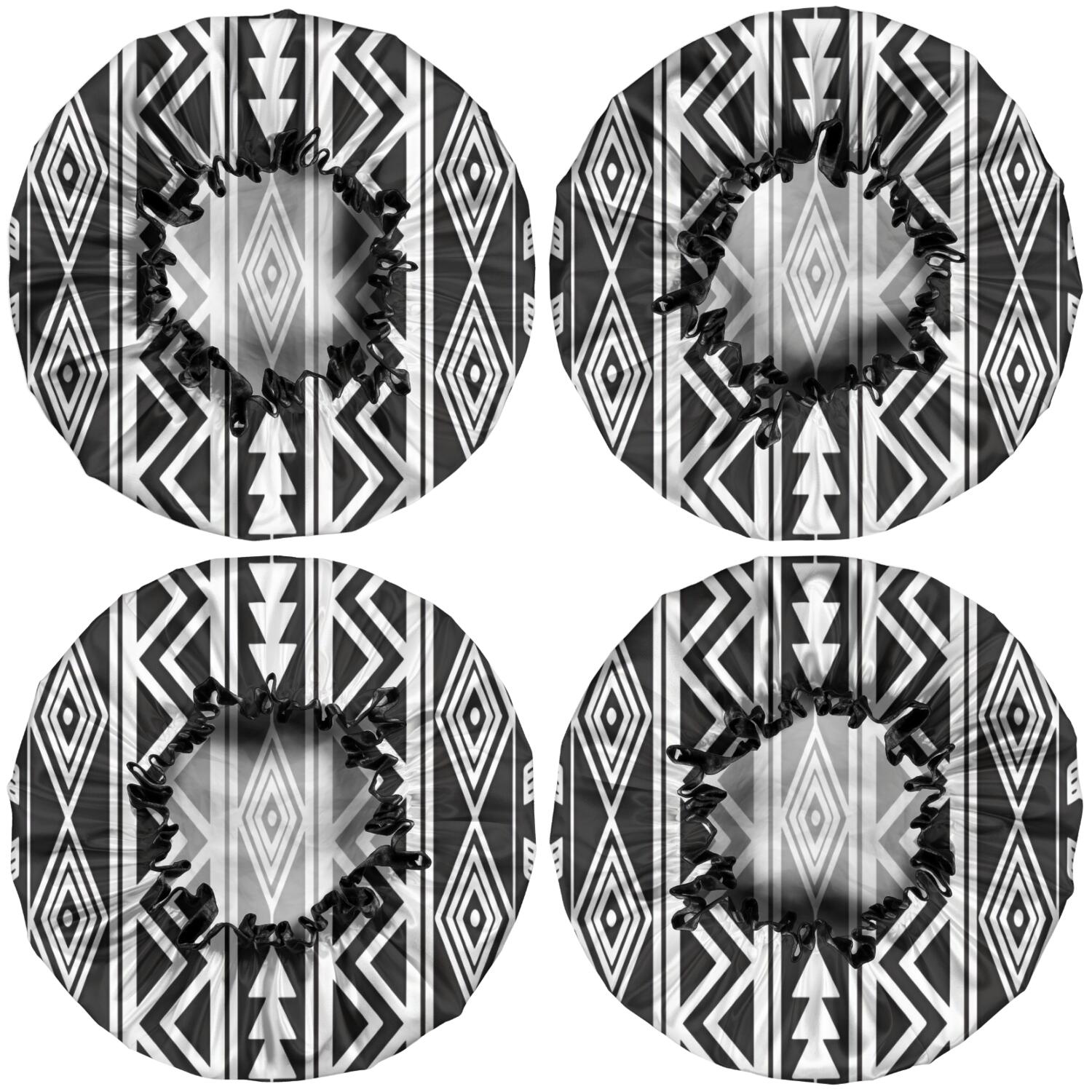 Shower Caps,Black and White Geometric Boho Pattern Waterproof Shower Cap for Women 4 Pieces,Double Reusable Hair Cover for Shower PEVA Elastic Stretch Hem
