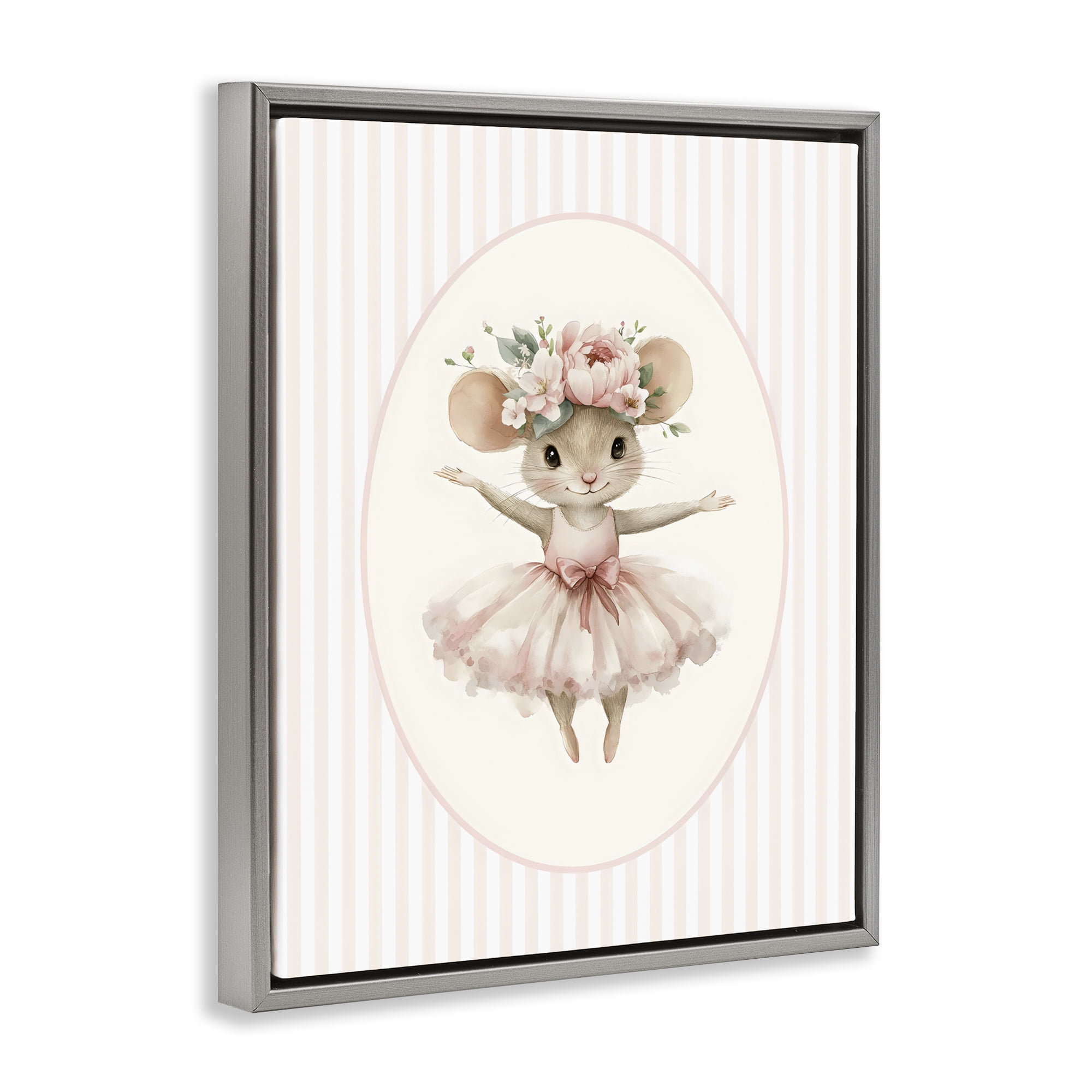 Stupell Industries Nursery Ballerina Mouse Striped Gray Framed Floater Canvas Wall Art, design by LSR Design Studio