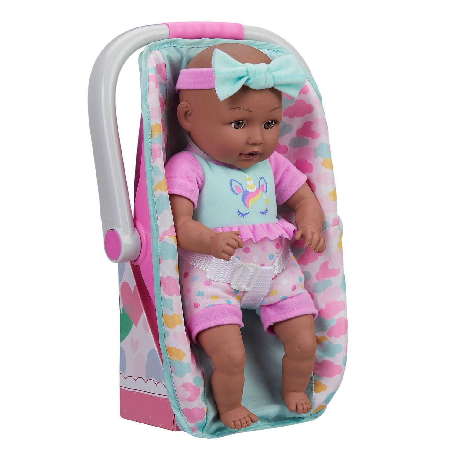 My Sweet Baby 13-inch Baby Doll with Carrier and Handle Play Set, 4 Pieces Included, Dark Skin Tone, Pink Theme, Baby on the go