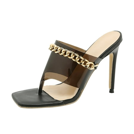

VKEKIEO Women s Sexy Chain High Heel Square Toe Flip Flops Transparent Upper Sandals And Slippers