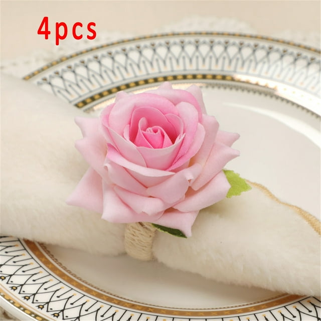 Floral Napkin Rings, Artificial Flower Serviette Holders for Table Decor, Set of 4 Flax Napkin Buckles for Holiday Party Kitchen Bar, Pink