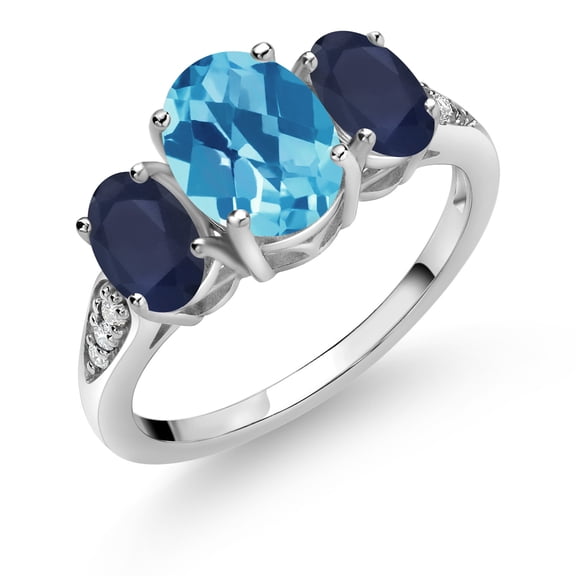 Gem Stone King 10K White Gold Swiss Blue Topaz Blue Sapphire and White Lab Grown Diamond 3 Stone Engagement Ring for Women (2.44 Cttw, Gemstone Birthstone, Size 8)